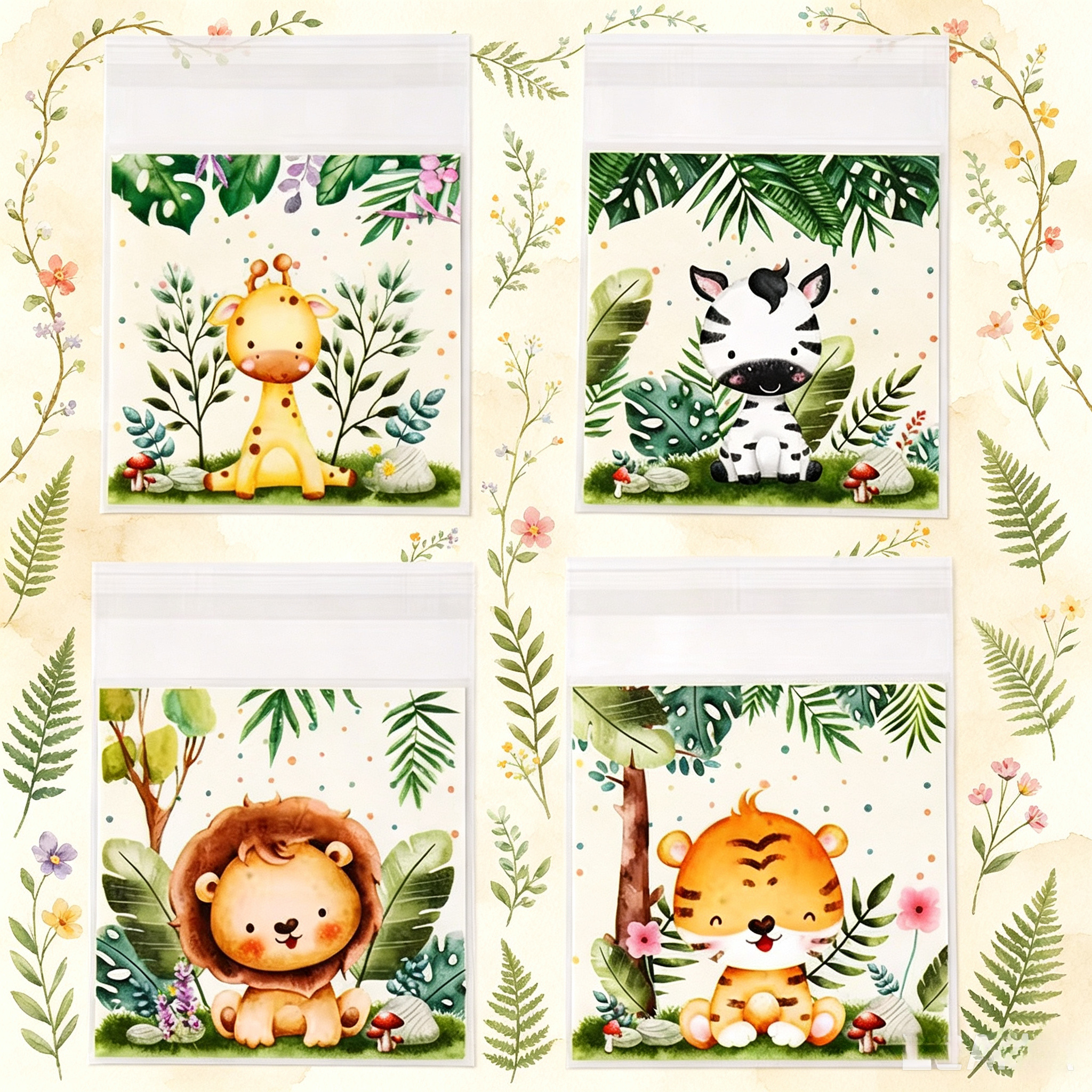TEMU 4 Styles Of Jungle Animal Print Self-sealing Opp Bags, 50 Or 100 Per Pack; Printed Self-sealing Opp Bags, 10x10+3 Self-adhesive Cellophane Bags,