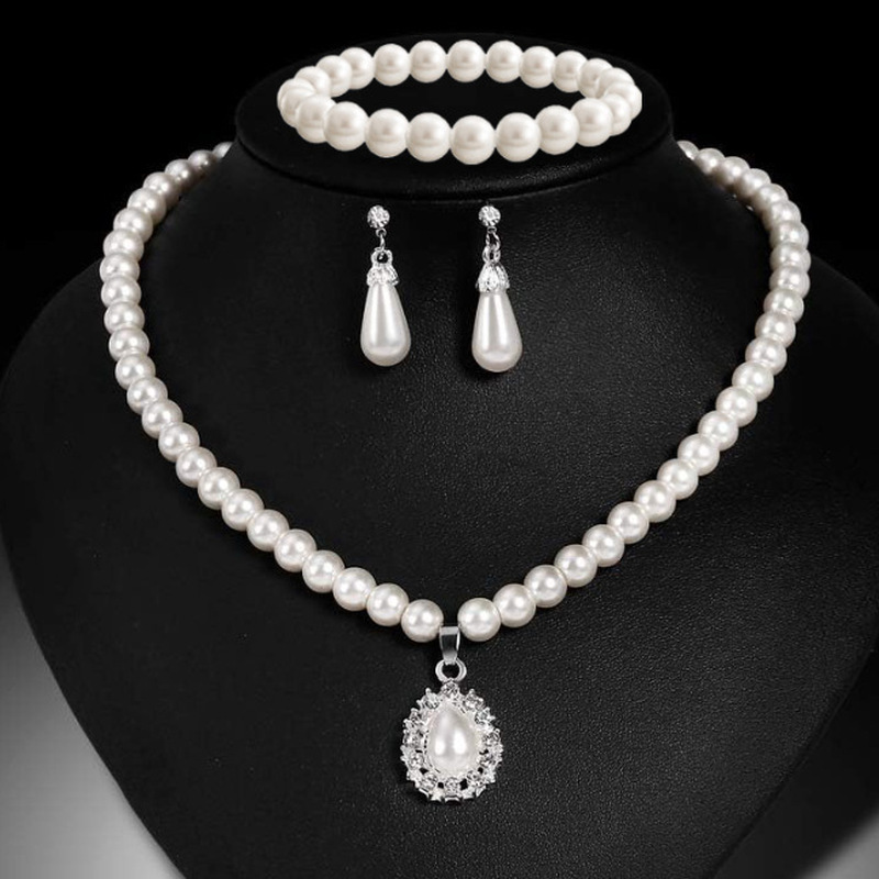 TEMU Conjunto de joyería de moda de 3 piezas: aretes, collar y pulsera, estilo corte de moda, cadena de collar de perlas de y joyería para orejas y