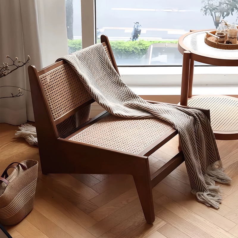 Modern Mid-Century Accent Chair, Rattan Lounge Chair for Living Room, Boho Side Corner Comfy Chair for Bedroom And Balcony, Walnut