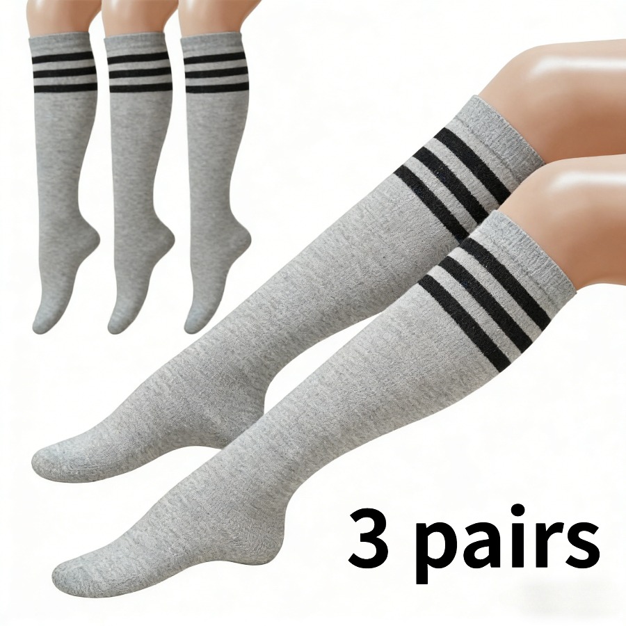 TEMU 3-pair Women's Compression Socks, A Perfect Of And , Featuring Striped Long Stockings With Solid-color Long Socks