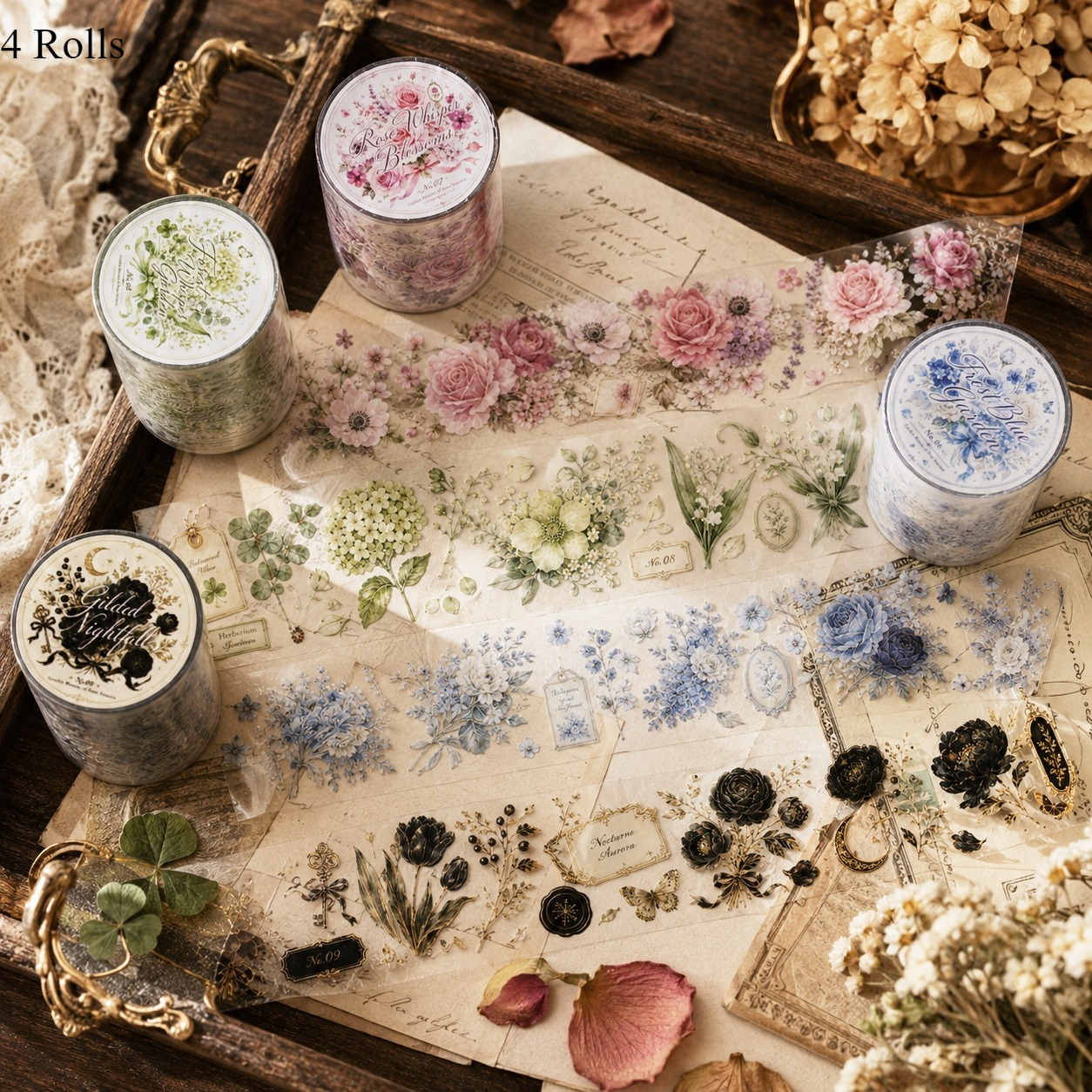 TEMU 4 Rolls Vintage Floral Pet Tape Set, Transparent Stickers, Botanical Rose Black Decorative Journal Tape For Junk Journal, Planner, Collage,