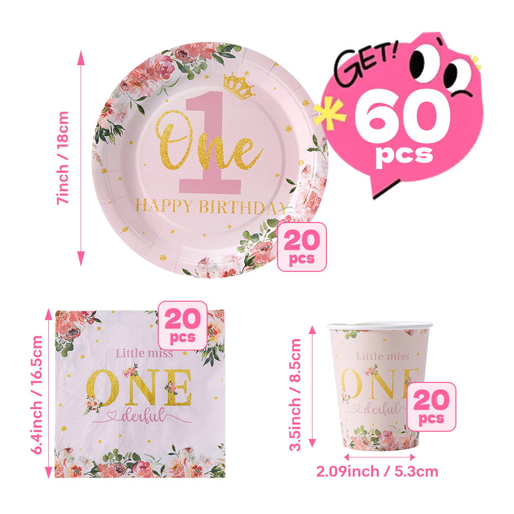 TEMU 60-delige set roze 1e verjaardagsfeest servies (20 stuks 7-inch borden stuks servetten stuks papieren bekers), roze basis met gouden nummer 1