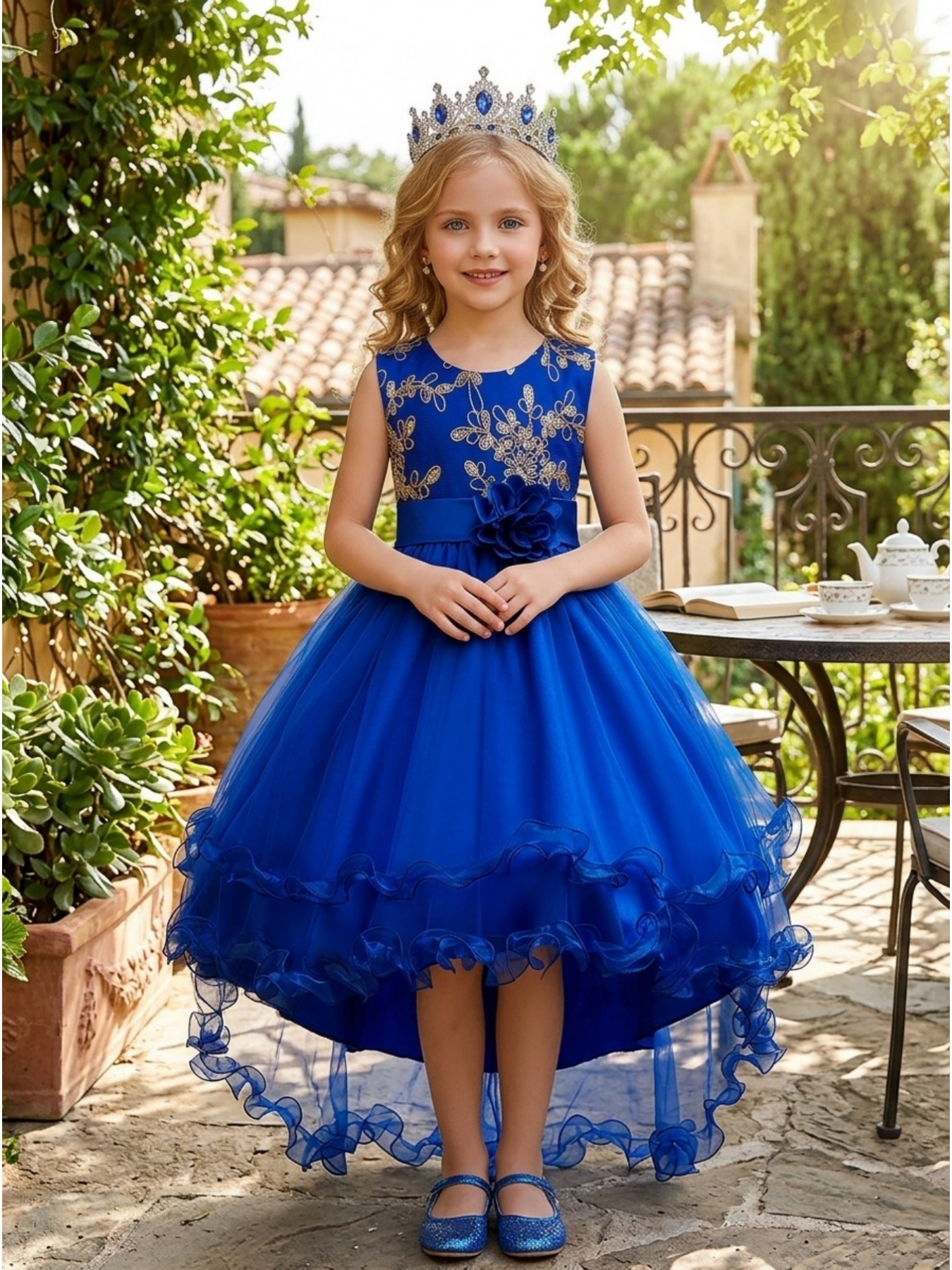 royal blue childrens dress Little Girls Royal Blue Double Bow Embroidered Flower Girl Dress 3T main image 1