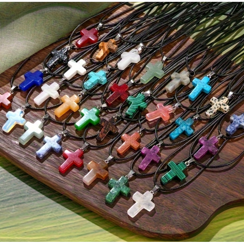 30pcs natural stone cross pendant necklace set jewelry making suitable for necklace jewelry production chakra gemstone quartz cross necklace decoration with   black cord