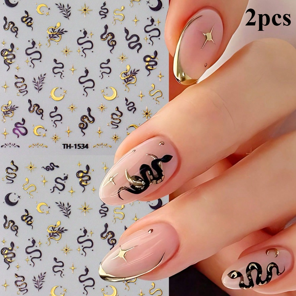 2pcs Golden And Black Snake-shaped Nail Stickers, Self-adhesive Nail Stickers With Star, Moon And Leaf Patterns, Nail Accessories.