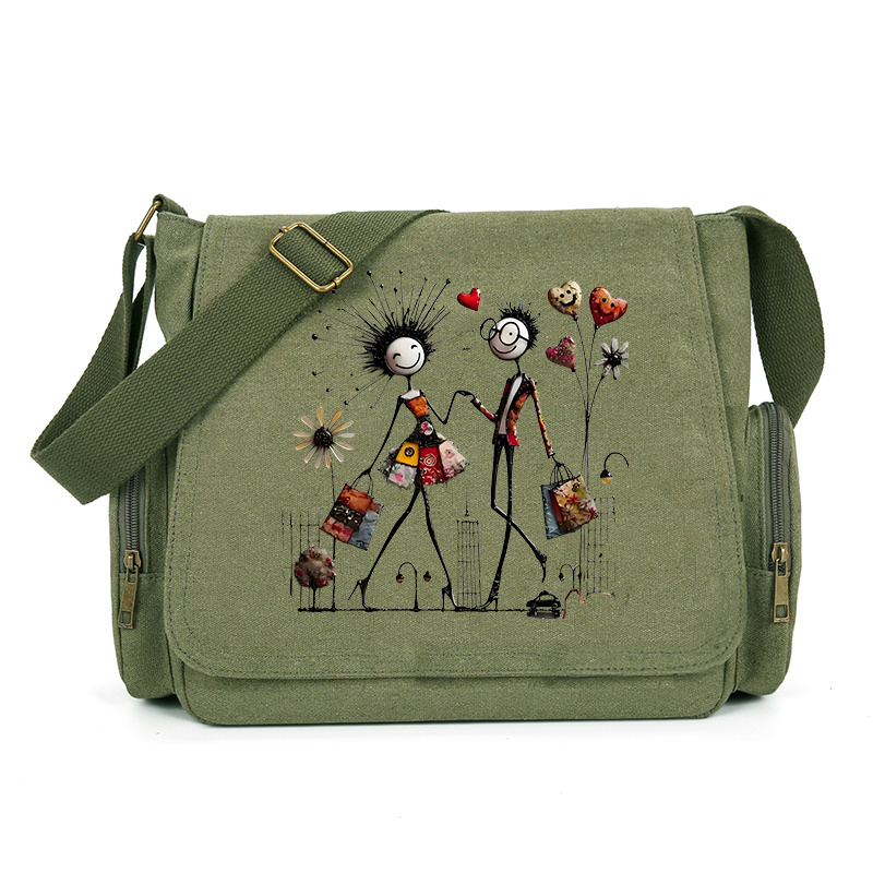 E-shop Große Kapazität Messenger-Tasche, Romantisches Paar-Muster Druck, Vintage Tragetasche Umhängetasche, Geeignet für Verschiedene Szenarien,