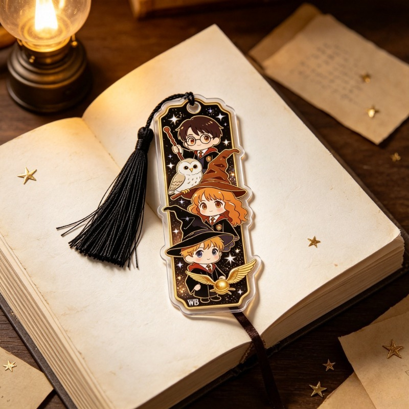 TEMU Wb Harry Potter Acrylic Tassel Bookmark, Hogwarts , Harry Ron Hedwig Owl Printed Design, Black Woven Tassel Pendant, Practical Page Marker For