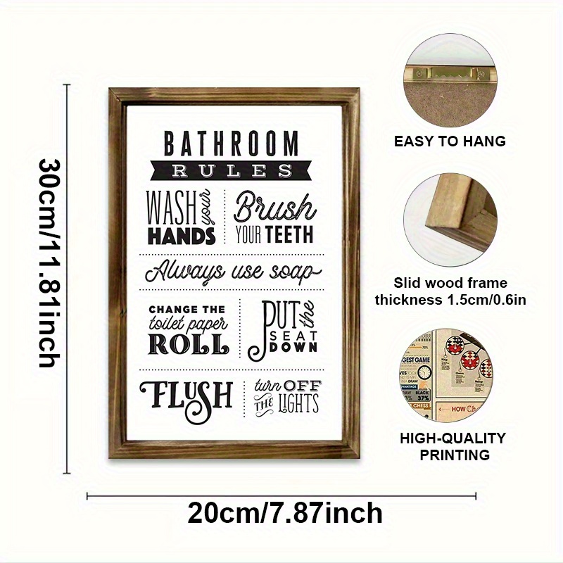 TEMU 1pc Vintage Country Style Bathroom Rules Wooden Frame Sign- 8x12inch Fade-resistant Farmhouse Decor With Humorous Etiquette Checklist, Wall Art