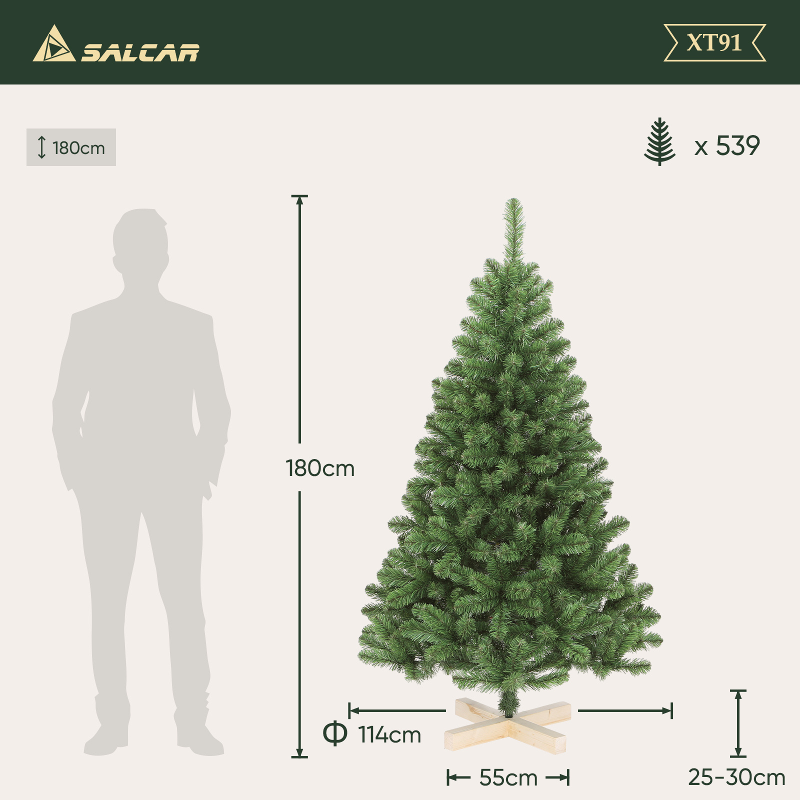 Image of Salcar 180/210cm (6'-2"/7'-1") Artificial Christmas Tree Suitable For With Pvc Round Top, Realistic Fir Branches & Wooden Stand - Full Tree For, Office, Holiday Decorations - Winter Decoration