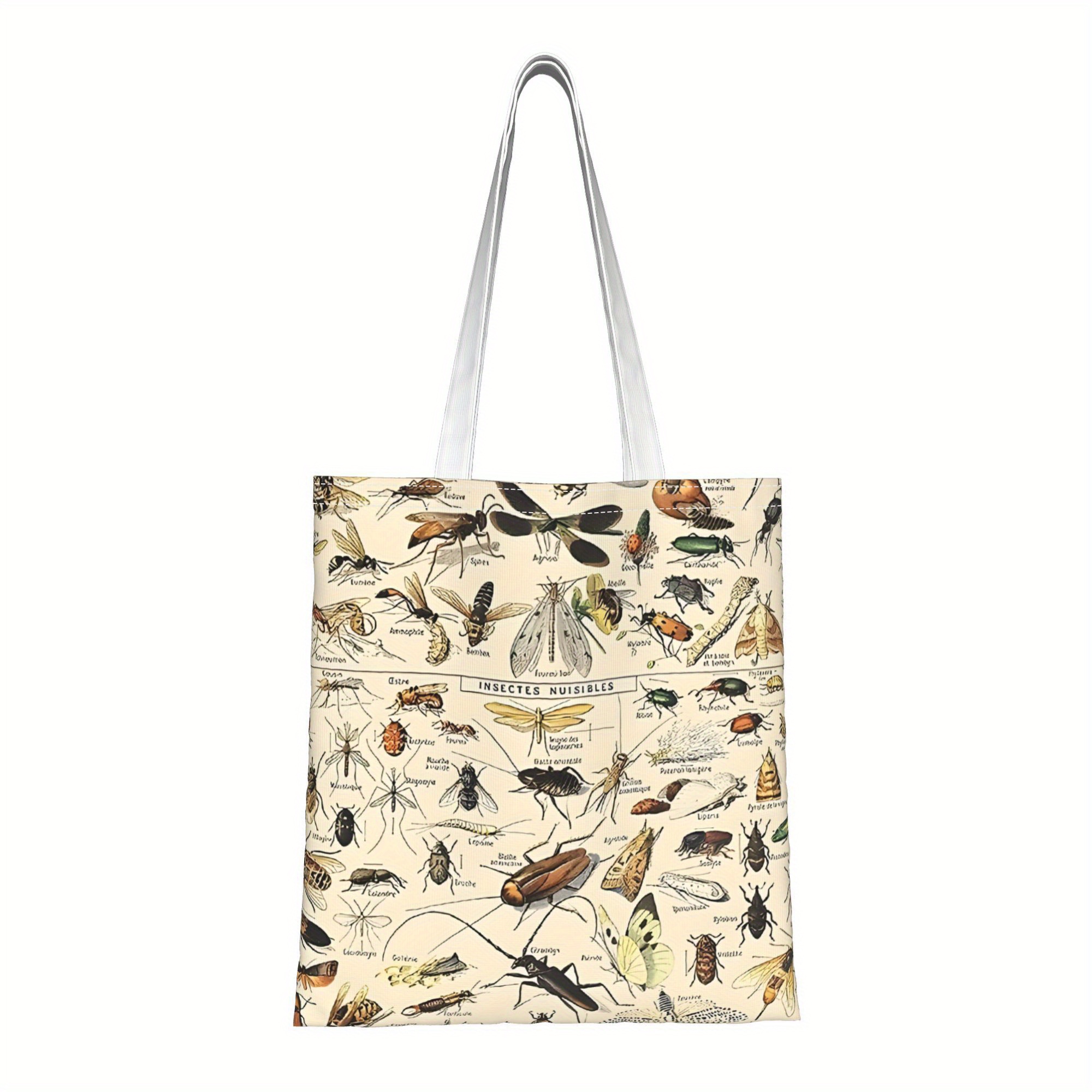 TEMU Biihudu Women's Fashion Insect Print Canvas Tote Bag - Open Top With Fixed Shoulder Straps, Scientific Insect Names (e.g. Melanogaster) Design