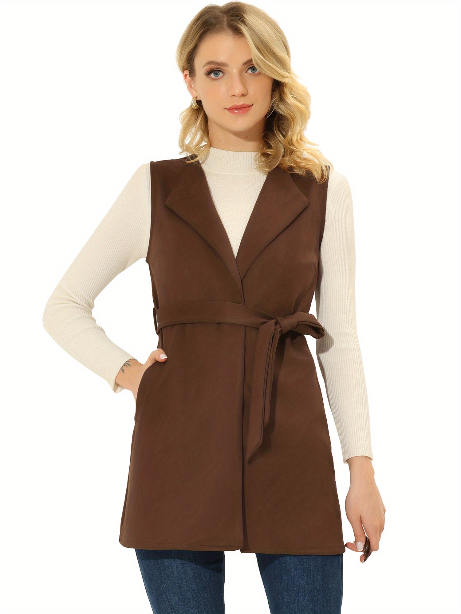 Sleeveless Jacket for Women Cardigan-Long Vest, Belted Waist Suede, Slant  Pockets, Lapel Collar, Open Front, for Daily Casual Outfit