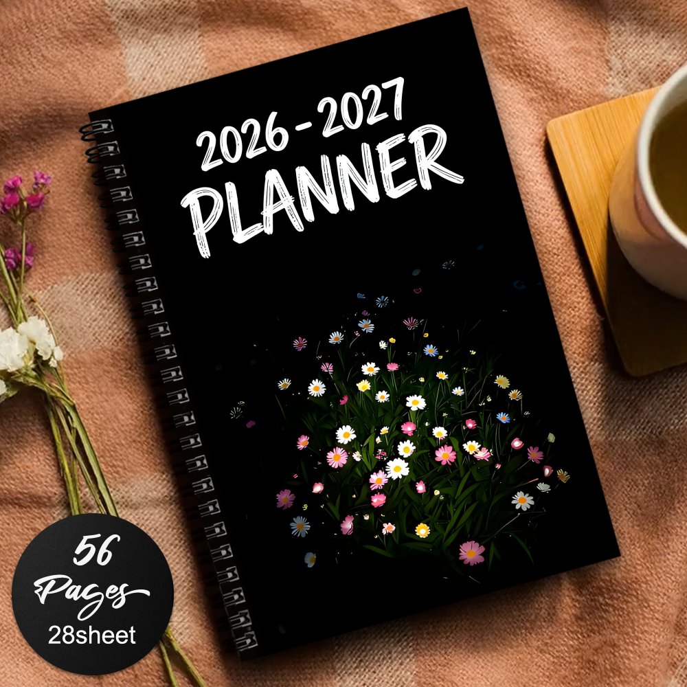 TEMU 1pc 2026-2027 Spiral Planner Calendar Journal With Horizontal Ruled Pages - Floral Narrow-sized Book For Diary, Daily Use, School & Office -