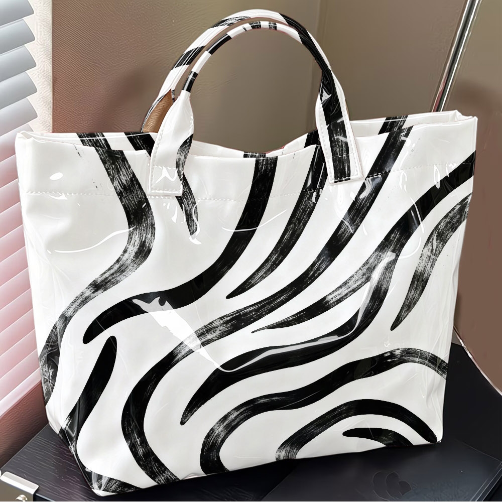 1pc, Minimalist Black & White Abstract Stripe Tote Bag, Shoulder Bag, Lunch & Travel Bag For Women