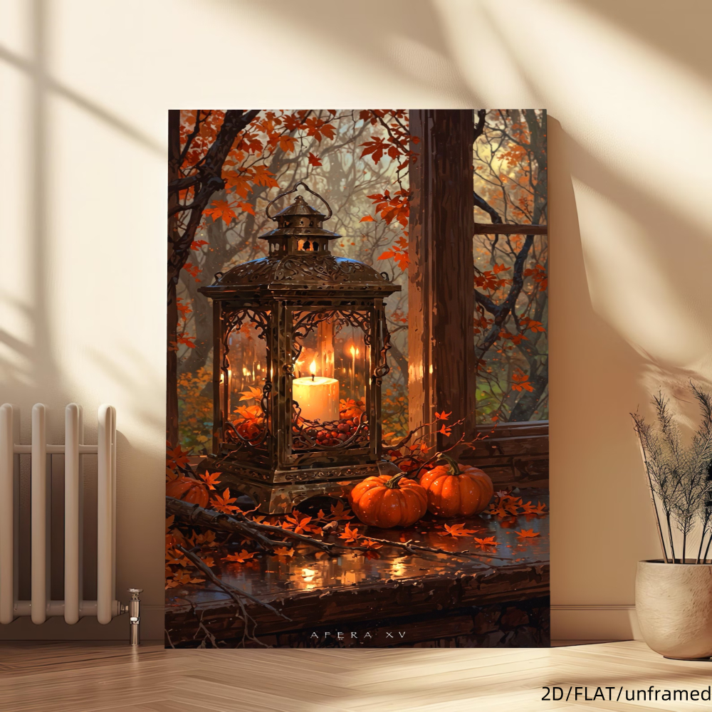 TEMU 2d Flat, 1pc Modern Autumn Wall Art Framed Canvas Painting - Maple & Pumpkin Lantern Decor Suitable For Living Room, Bedroom,, Bathroom, Wooden