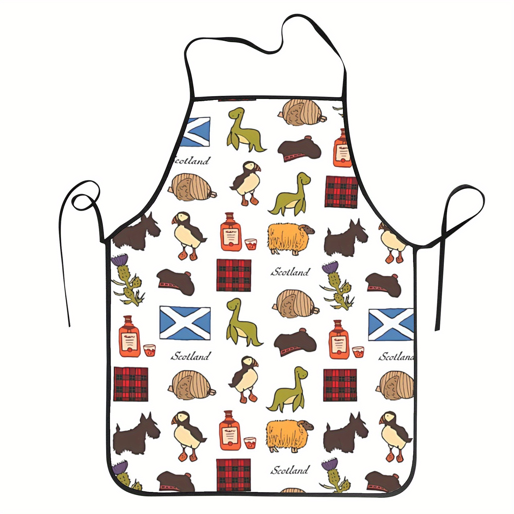 TEMU 1pc Scottish Icons Apron - Unisex Polyester Kitchen Bib With Fun Drawing Patterns (haggis, Tartan, ) For Cooking, Baking & Gardening