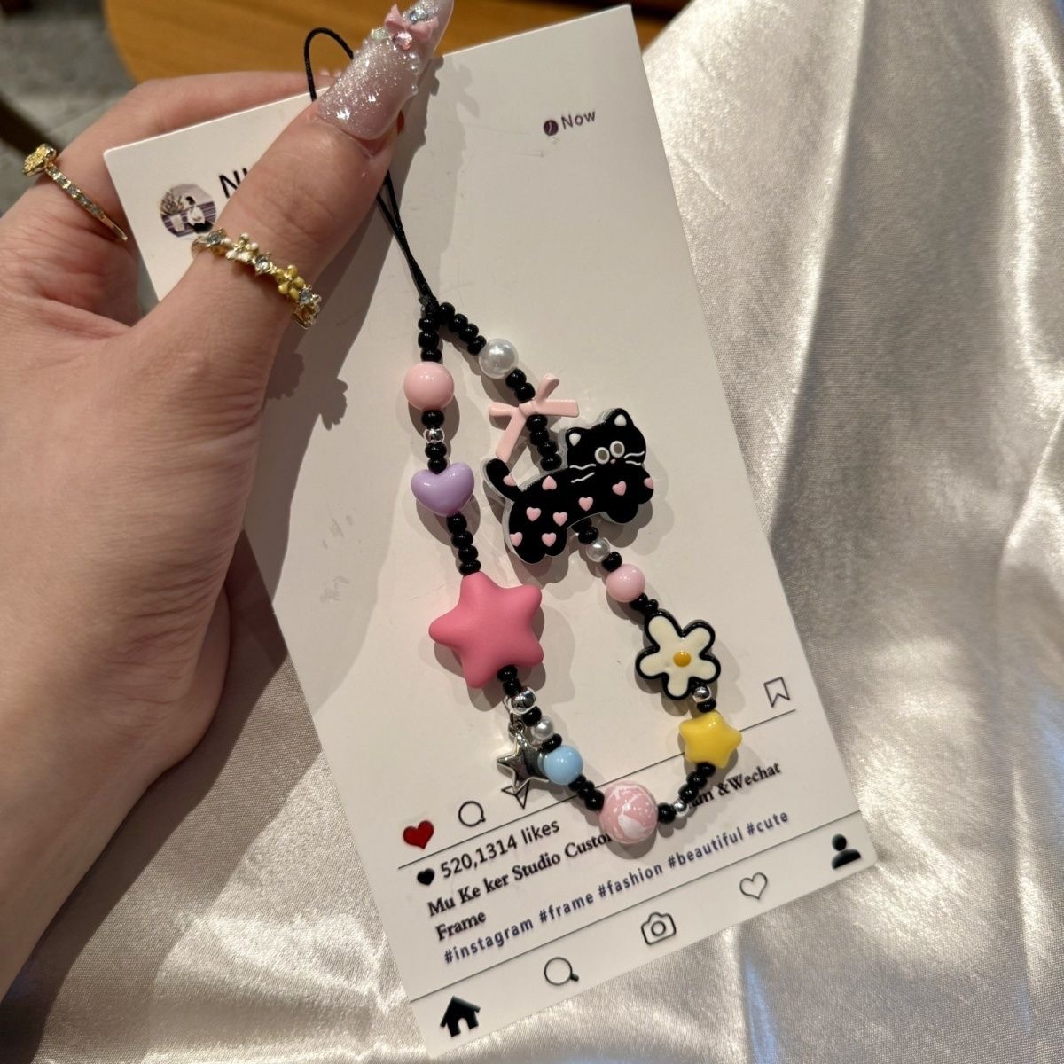 TEMU 1pc Ins-style Polka Dot Black Cat Phone Beaded Charm, Keychain, Ccd Camera Pendant, Anti-drop Earphone Cord