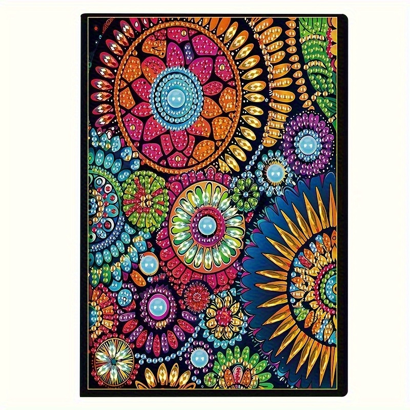 TEMU A 5d Special-shaped Rhinestone Diamond Painting Notebook With A Mandala Flower Gear Pattern On A Faux Leather Cover, Including A Painting Kit,