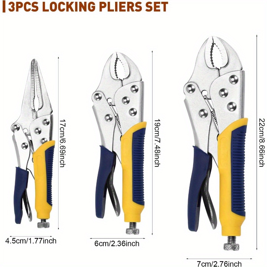 TEMU 3pcs/ Set Locking Pliers Set 7-inch Curved Jaw Locking Pliers 6-1/ 2 Long Nose Straight Jaw 8-inch Curved Jaw Pliers Set V-jaw Locking