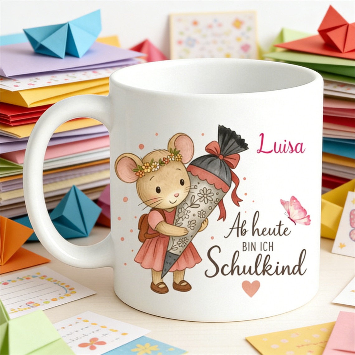 Personalized German First Day Of School Mug - " Schulkind" Custom Name - 4 Color Options - Mouse Design