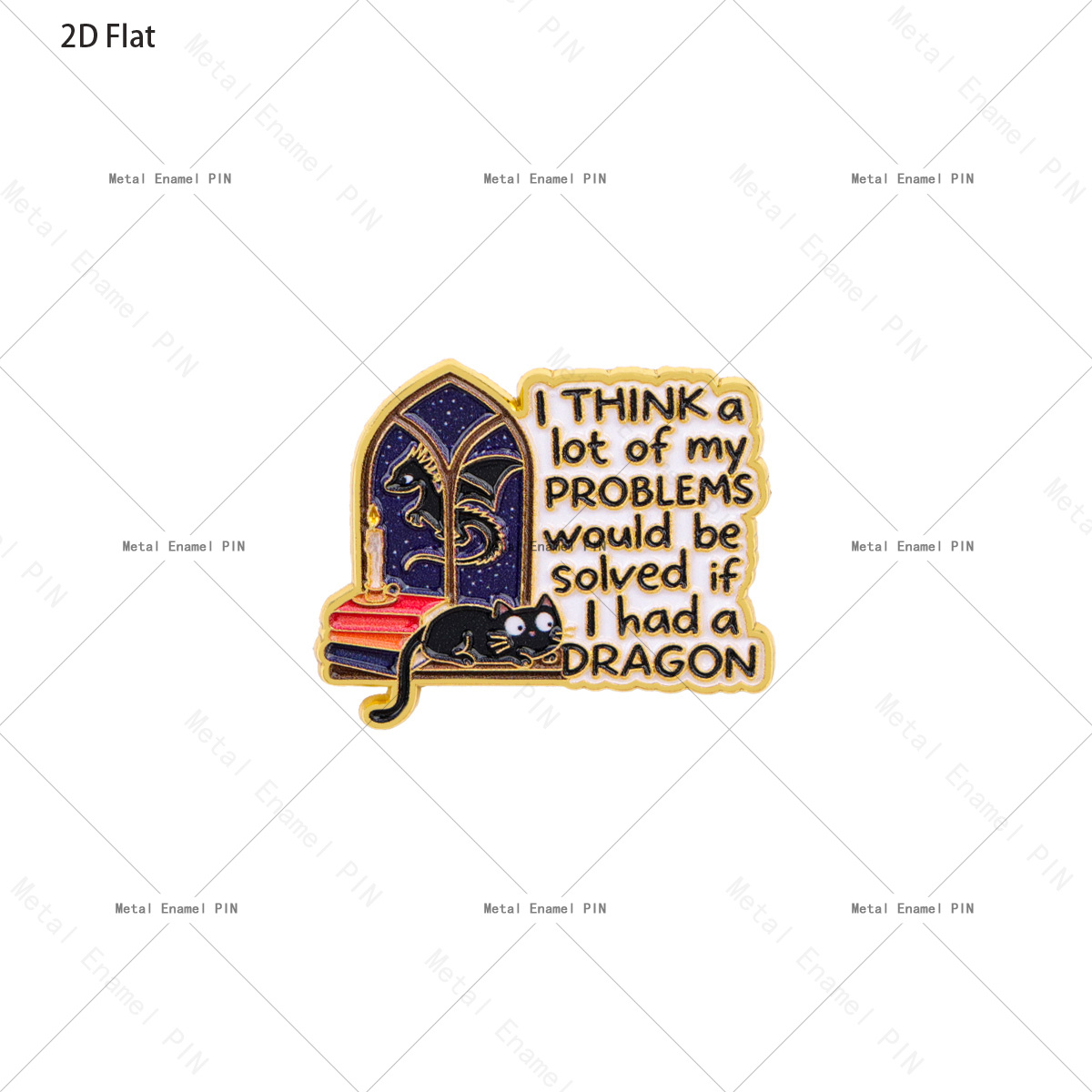 TEMU 2D Plat 1pc Je pense que de mes problèmes seraient résolus si j'avais un dragon Chat Dragon Livre Émail Pin Fantaisie Amoureux Broche Sac à Dos