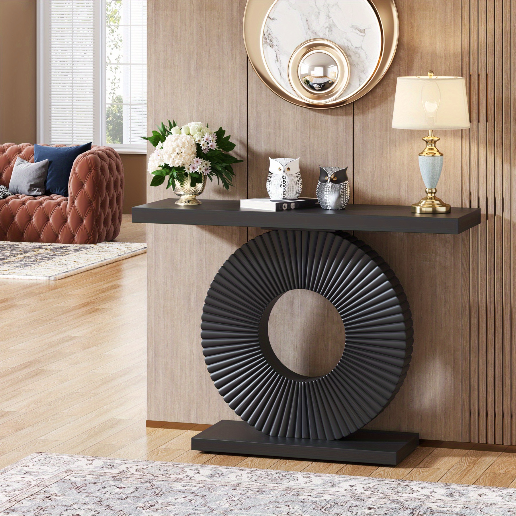 40-Inch Wooden Entry Table, Slim And Elongated, Modern Console with a Geometric Base, Contemporary Accent Piece for The Living Room, Hallway, Or Entryway, in Black