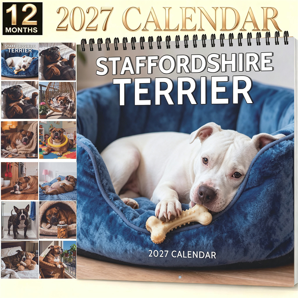TEMU 1pc, 2027 Staffordshire Terrier Wall Calendar 8.3 X 8.3 Inches Monthly View Cute Dog Photo Calendar Suitable For Christmas Halloween New Year