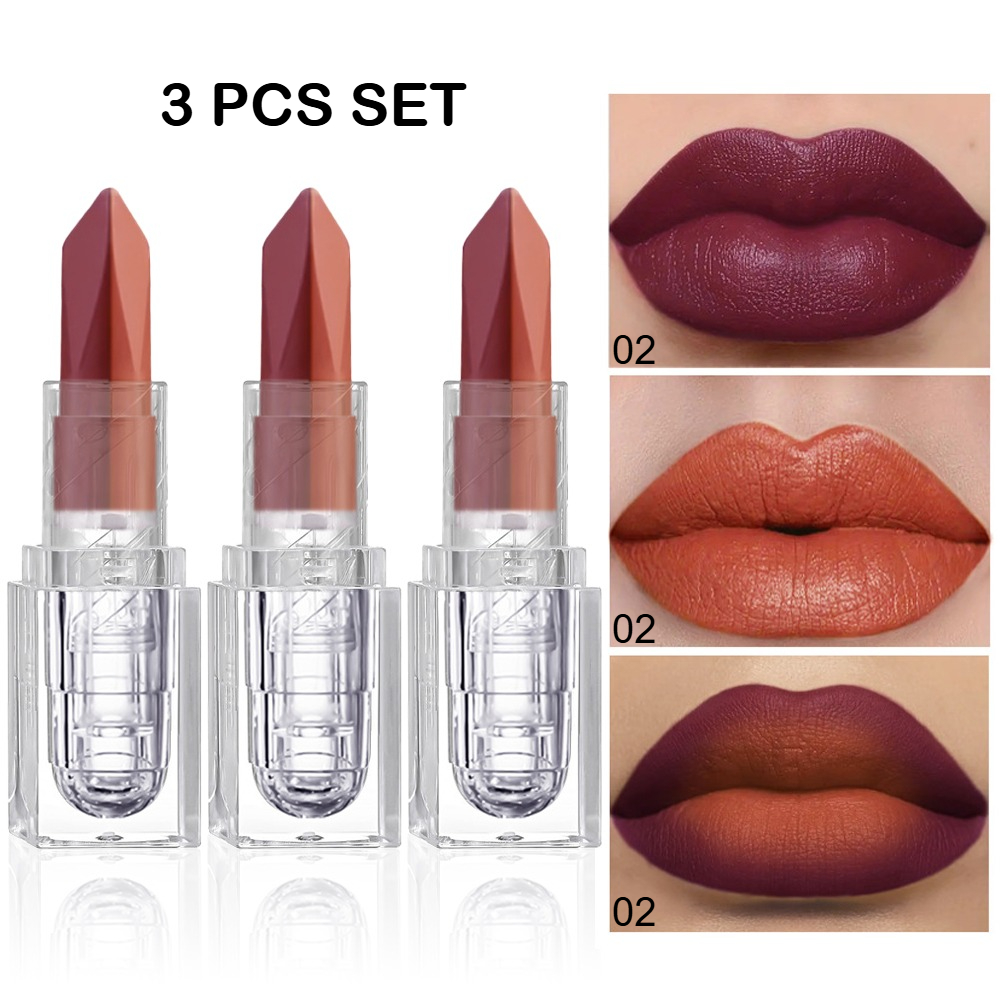 TEMU Set Of 3 Dual-tone Matte Lipsticks - 24-hour Waterproof Velvet Lip Mud In Soft Plum And Terracotta Orange, Long-lasting Non-transfer Formula Suitable For Use To Night Out