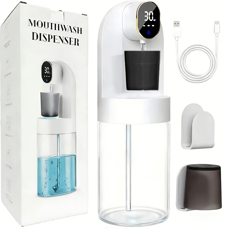 automatic bathroom mouthwash dispenser bathroom accessory 21 12oz 600ml   smart mouthwash dispenser with 2 cups and 1 dispensing level suitable for all ages black white
