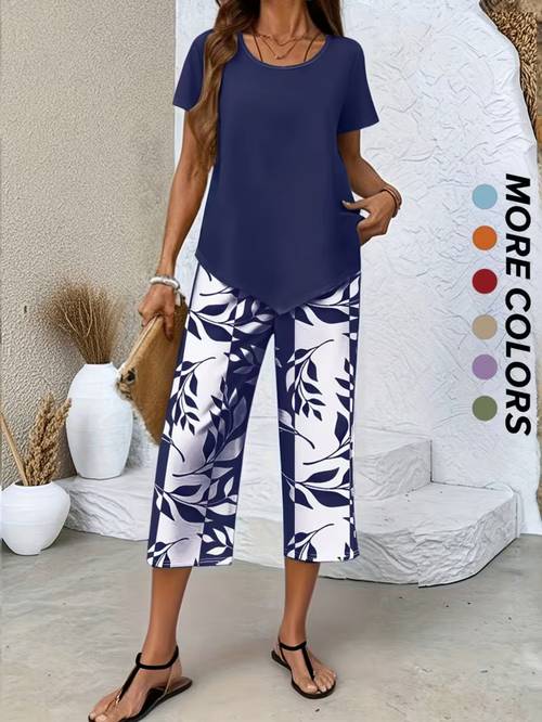 spring and summer womens casual 2pcs set light blue short sleeved crew neck and printing wide legs loose and comfortable daily street commuting versatile casual suit casual loungewear suit