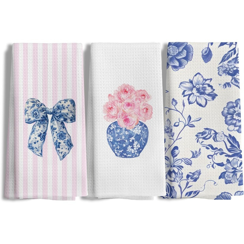 

3pcs 18*26inch Chinese Style Decorative Kitchen Towels, Blue And White Chinoiserie Flirty Bow Dish Towels, Bathroom Floral Hand Towels, Grand Home Decor