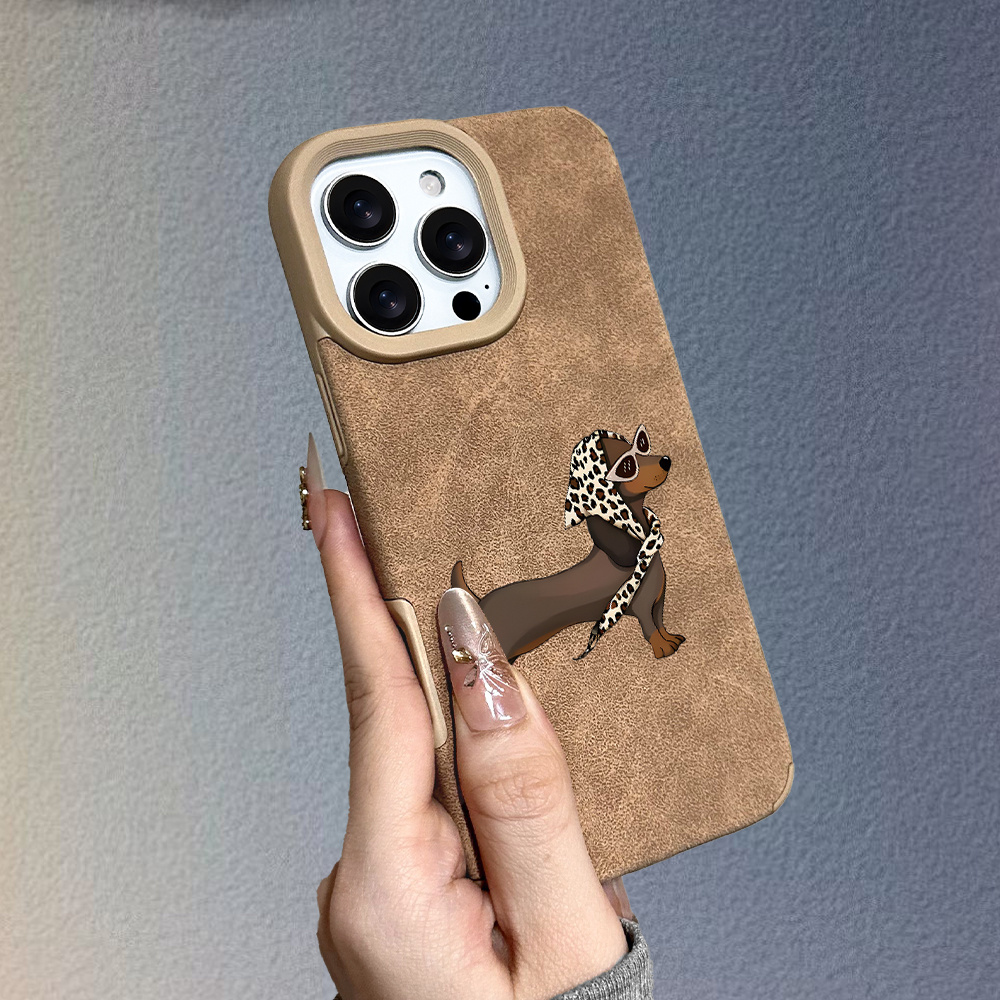 TEMU Phone Case - High-end Anti-slip Dachshund Pattern Large Hole Faux Leather Phone Case For Iphone 17 16 15 14 13 12 11 Pro Plus, Suitable For