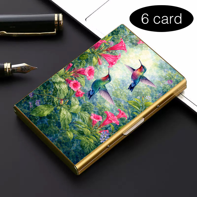 TEMU High-end Stainless Steel Rfid Anti-theft Card Holder– Hummingbird Flower Realistic Stylish Black Metal Wallet With Multi-compartment Design