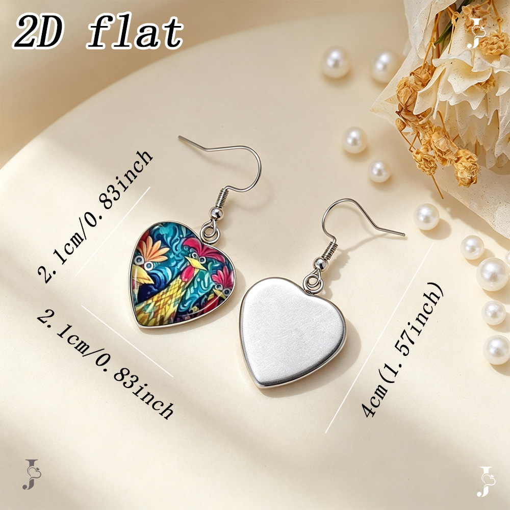 Rooster Pattern Heart-Shaped Earrings with Time Gem Glass Pendants