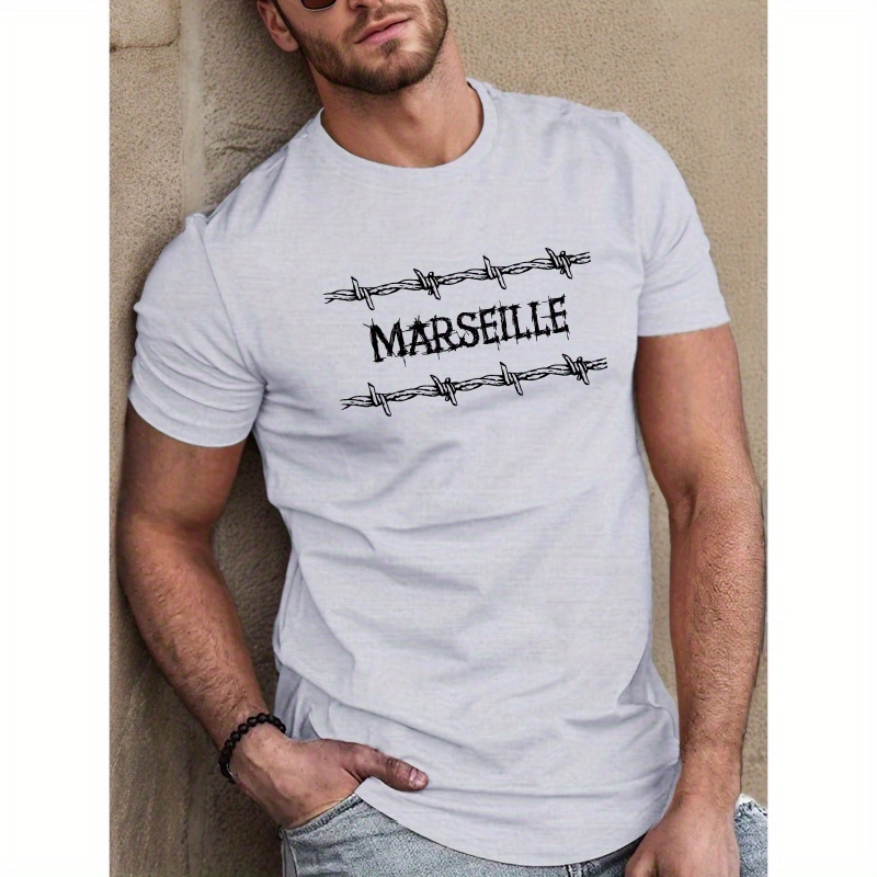 

T-shirt décontracté pour homme, polyester, motif géométrique de fil de fer barbelé, coupe standard, col rond, tissu extensible, haut d'été pour adultes