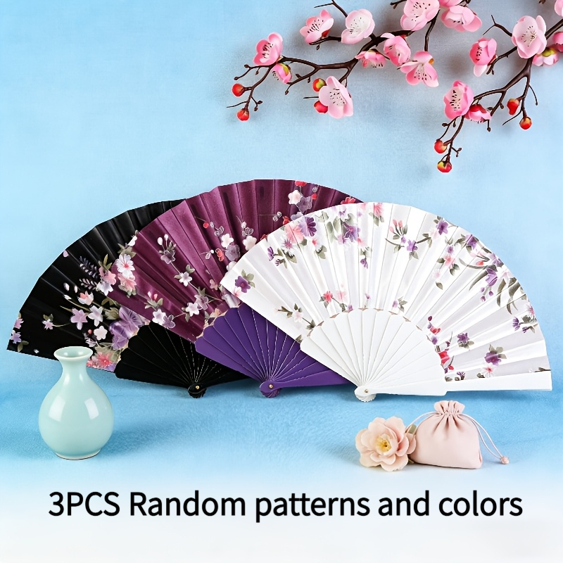 TEMU 3pcs Exquisite Chinese Folding Fans, Classical Floral , Random 3 Colors Of Black, Purple, And White, Blending Traditional And , Suitable For