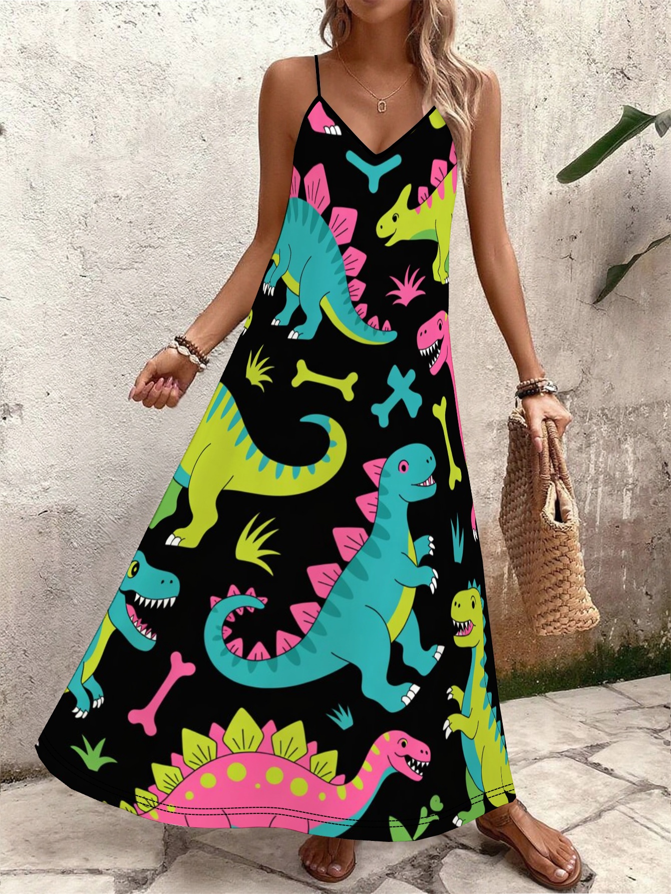 dinosaur maxi dress Dinosaur Maxi Dress, Dino Trex Long Spaghetti Straps Women Sleeveless Casual Cute Designer Elegant Plus Size Cocktail Party Summer 3XL / White
