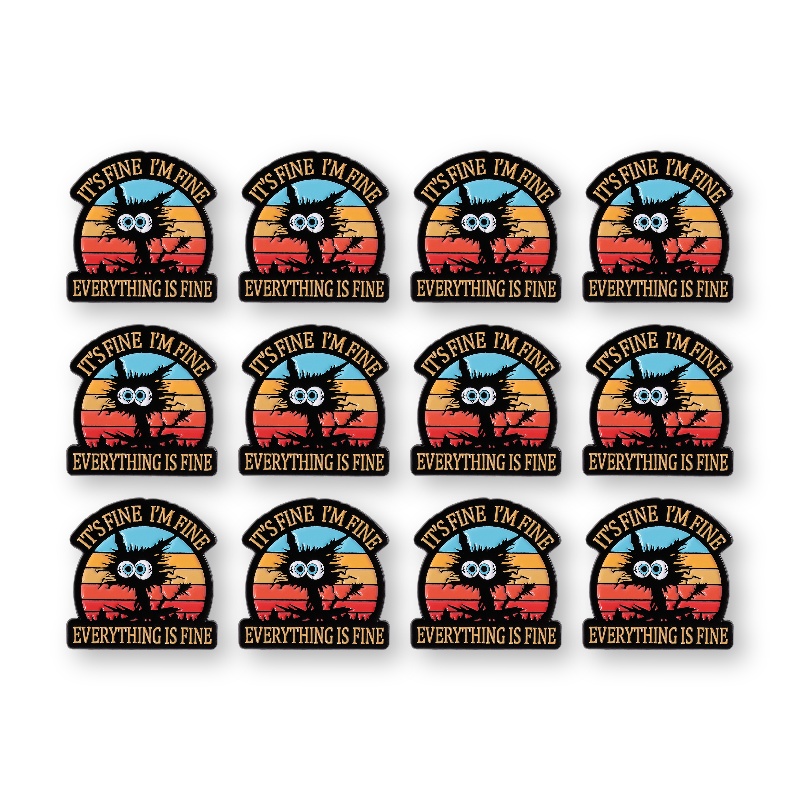 TEMU 12pcs Fine Everything Is Fine Enamel Lapel Pin Set Funny Cat Quote Badge For Backpack Hat Jacket Clothing Bag Mental Humorous Gift