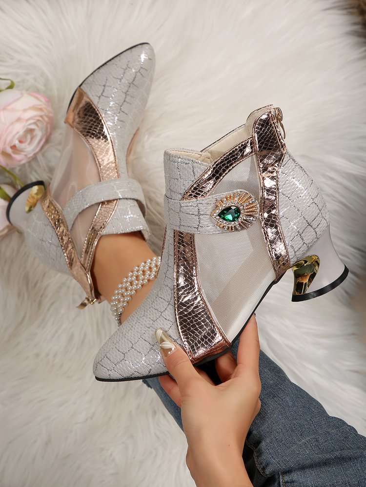 2025 Light Luxury Fashion Pointed Toe Mid-Heel Women's Ankle Boots, New Outdoor Mesh Rhinestone Metal Decor Color-Block Back Zipper Plus Size Fashion Boots, 11 Holiday Versatile Women's Shoes, Holiday Boots, Outdoor Footwear, Retro Style, Versatile