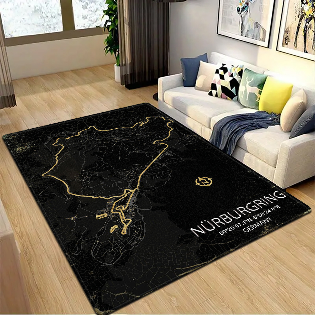1pc Line Striped Car Track Map Pattern Square Carpet For Bedroom And Living Room Decoration, Indoor Use