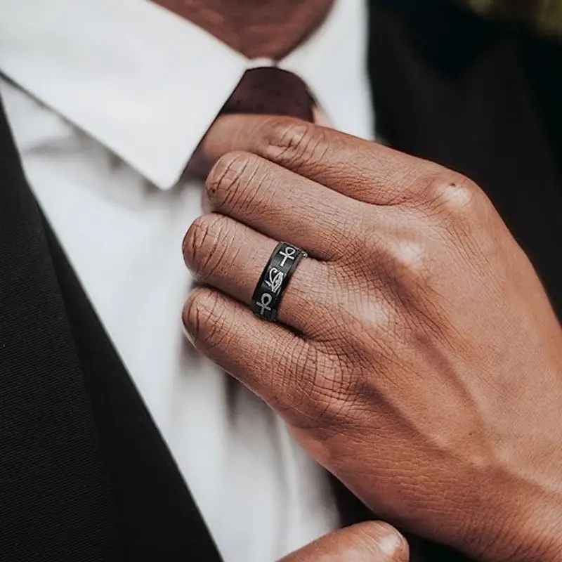 elegant titanium steel ankh cross rotating ring stress relief single ring for men black synthetic stone daily wear gifting on valentines day st patricks day easter vacation occasion without battery Product details 4