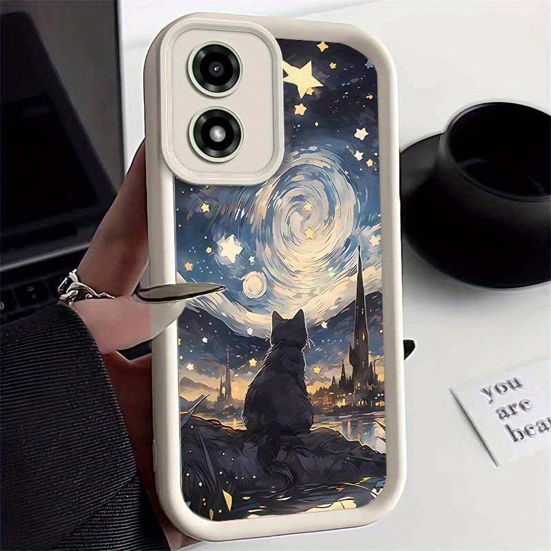 TEMU Phone Case: A Black Cat Under A Bright Starry Sky For Moto E14 With Shockproof Comfortable Feel E14 Case Perfect For Fashion