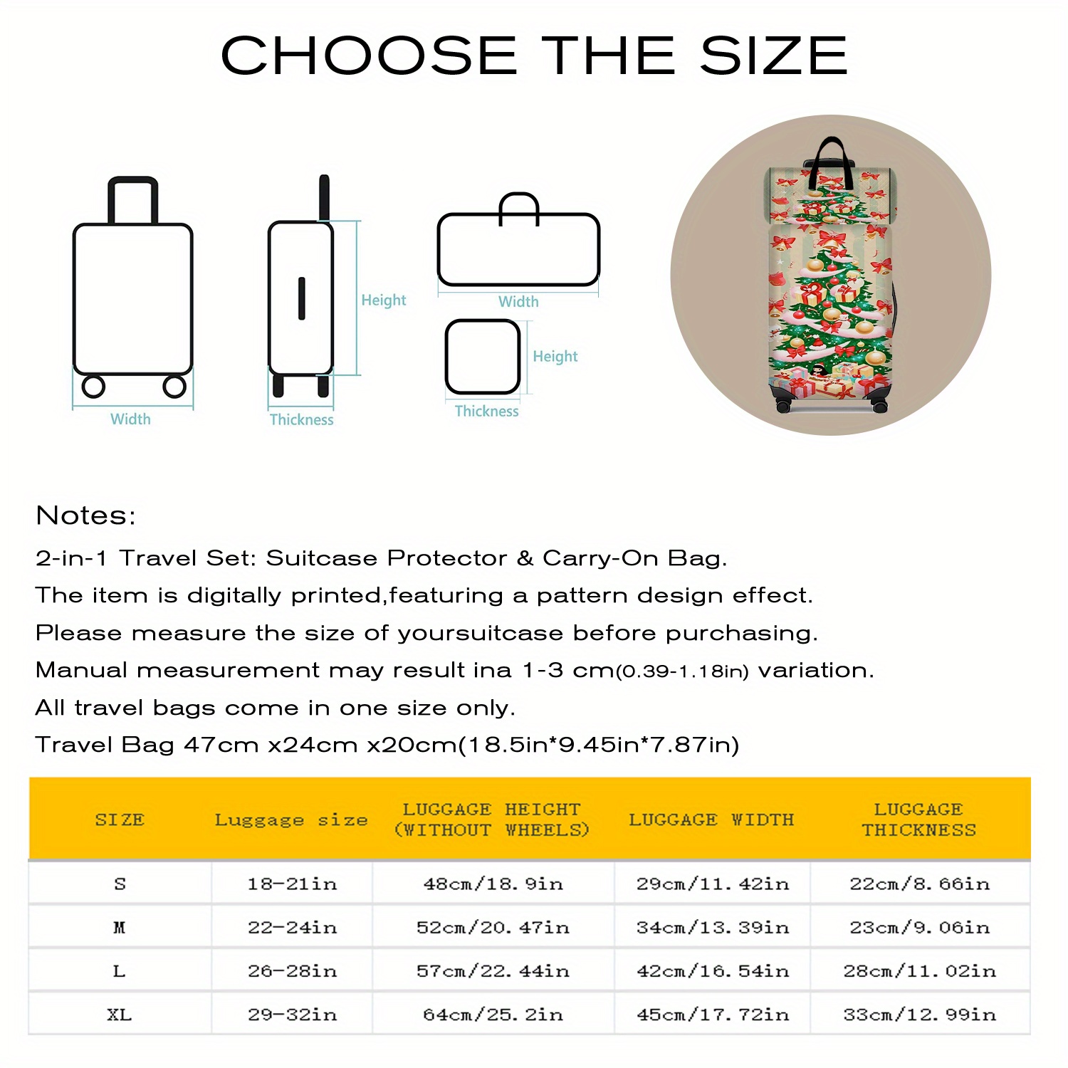 2pcs Christmas Printed Pattern Luggage Set with Travel Bag