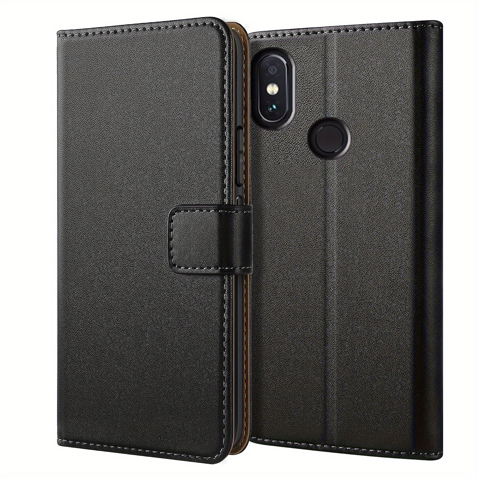 TEMU Phone Case - Black Faux Leather Flip Protective Case Cover For Xiaomi Redmi Note 5 Pro, Featuring A Wallet Design And Kickstand