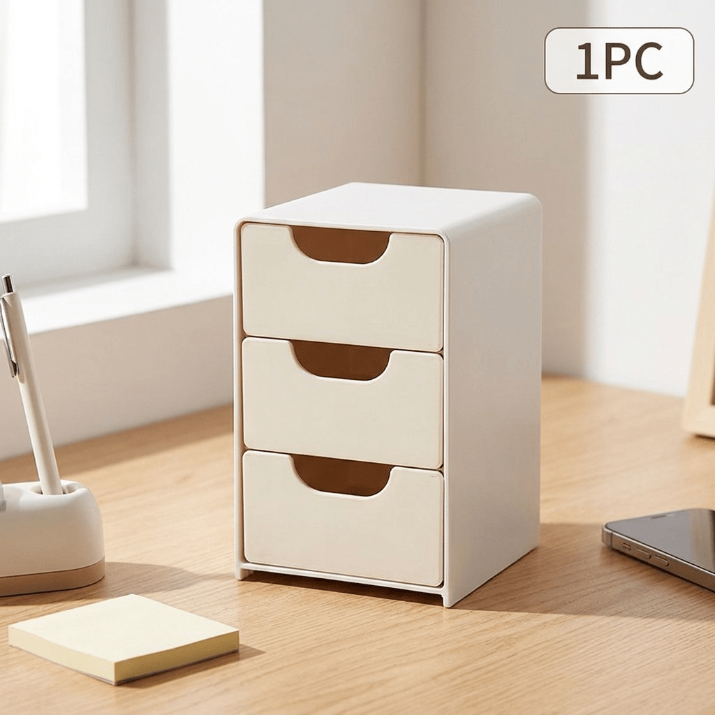 Image of 1pc Mini 3-tier Drawer Storage Box, Stackable Desktop Organizer For Hair Additions, Bracelets, Jewelry, Cosmetics, And Small Items, Solid Color Storage Cabinet For Bedroom, Office, And Vanity U