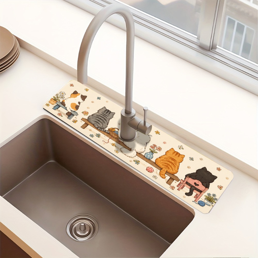 TEMU Faucet Mat With A Decorative Pattern Of A Cat Sitting On A Bench, Dish Drainer Mat, Absorbent Mat. Suitable For Household Washbasins, Kitchen