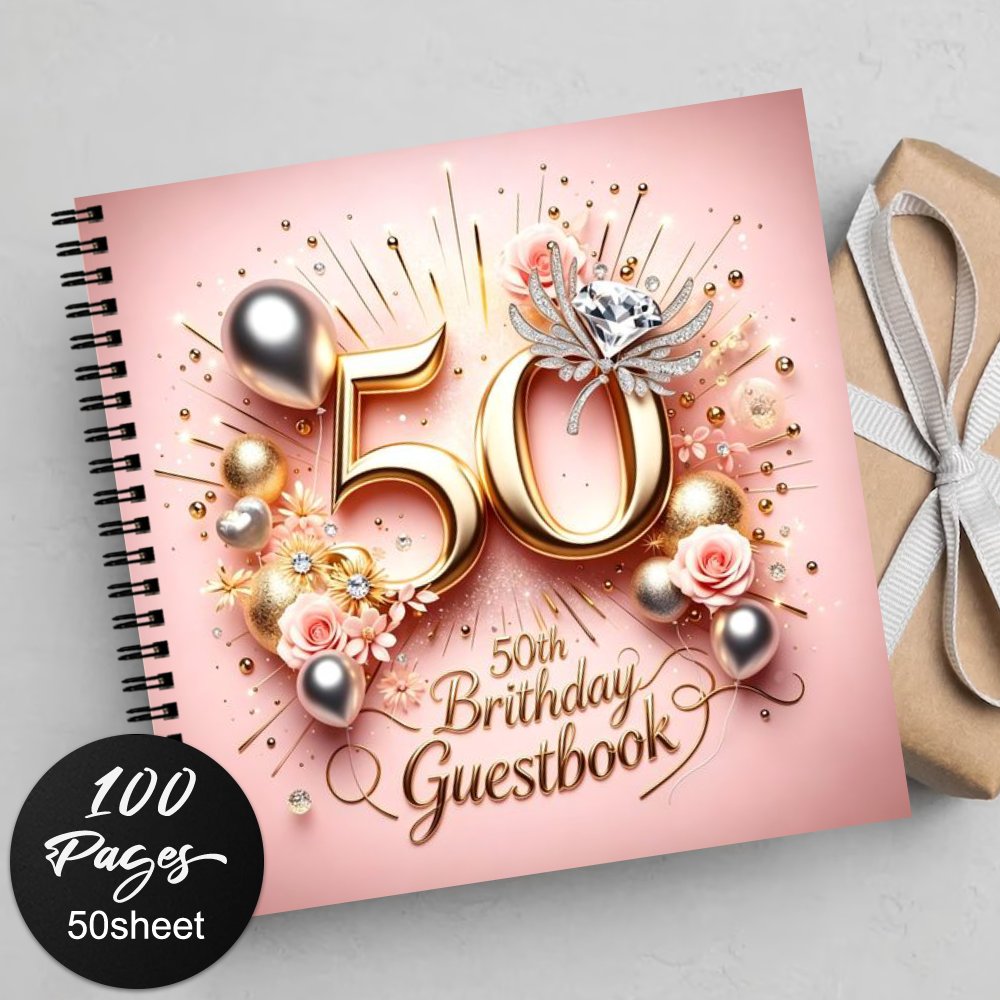 TEMU 1pc 50th Birthday Guestbook For Recording Events Like Weddings Birthdays Anniversaries Receptions, Elegant Golden And Pink Themed Guest Book For