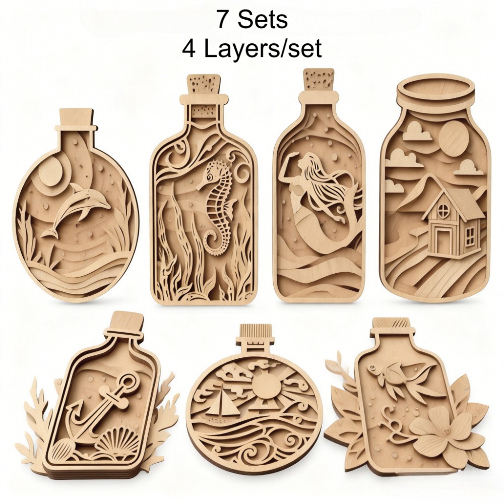 TEMU 7 Set Ocean-themed Diy Layered Wooden Painting Kit, 4-layer Bottle-shaped Wood Craft Per Set, Sea Animal & Coastal Scene Coloring Decor For