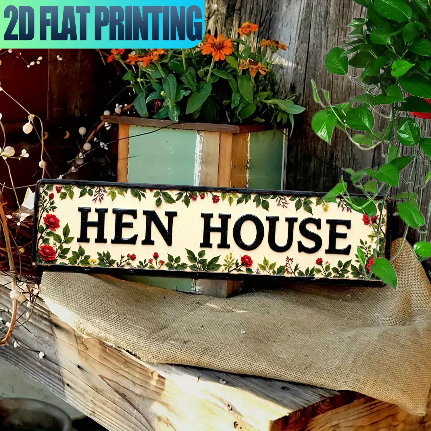TEMU 2d Flat - A 2d Metal Sign In A Vintage Style Featuring A "chicken Coop" Design With Floral Elements, Suitable For Rustic Decor In Homes,