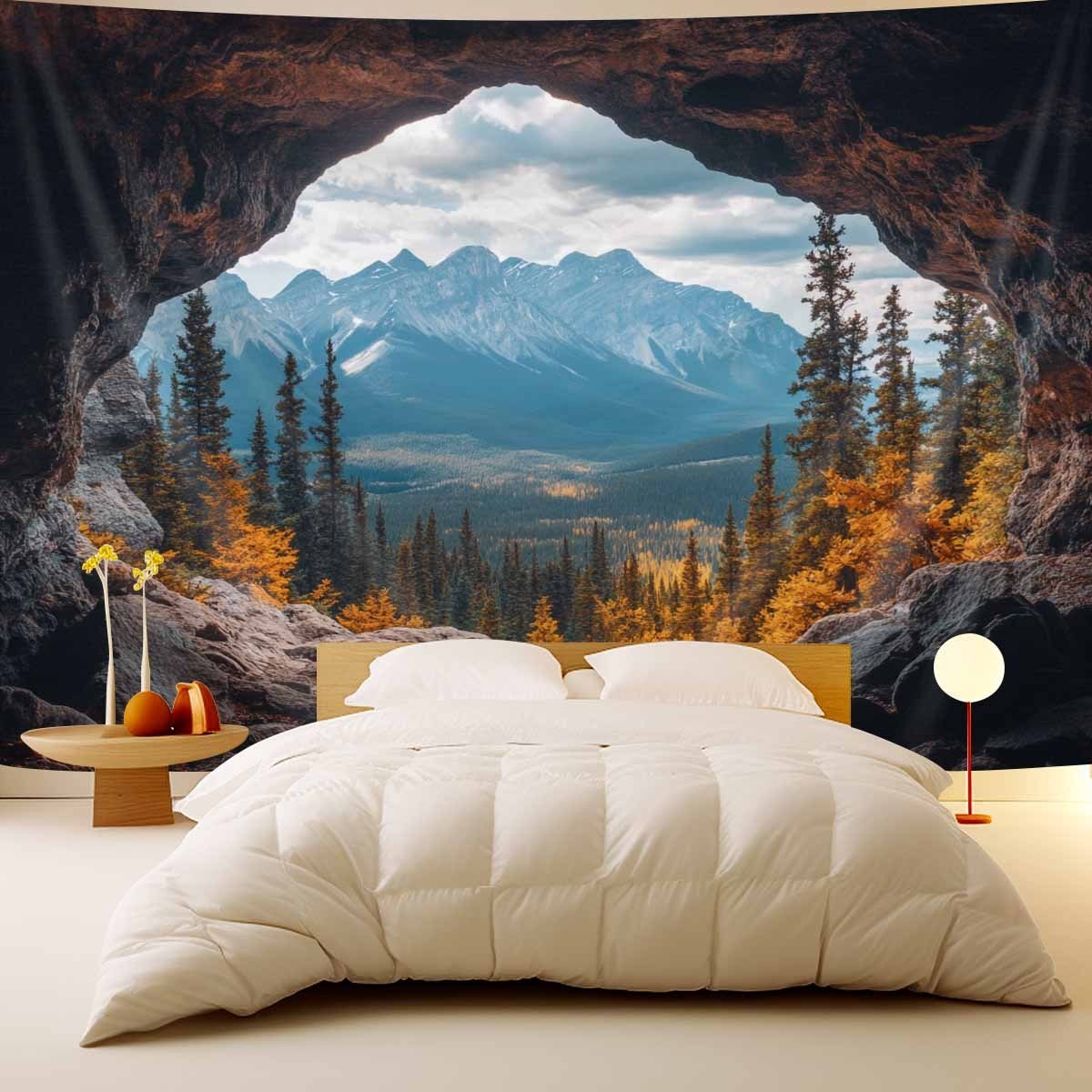 TEMU 1pc Large Autumn Mountain Cave Scenery Tapestry- Realistic Nature Landscape Printed Wall Hanging, Durable Brushed Fabric For Bedroom Decor,
