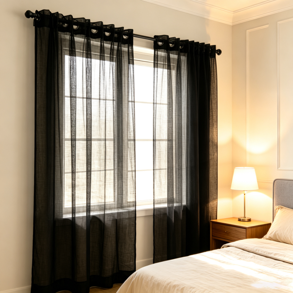 TEMU 2pcs Black Rod- Mesh Curtains, Textured Lightweight Semi-sheer Non-wrinkle Drapes, Premium Decorative Sheers, Suitable For Living Room And